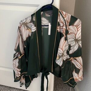 Anthropologie Green Floral Kimono with Cream Accents